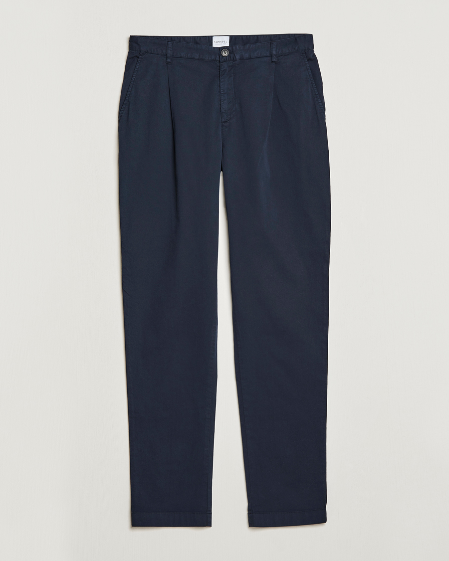 Men | Trousers | Sunspel | Pleated Stretch Cotton Twill Chino Navy
