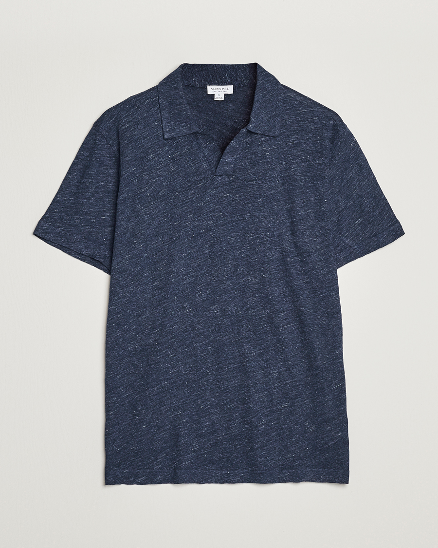 Men | Polo Shirts | Sunspel | Linen Polo Shirt Navy Melange