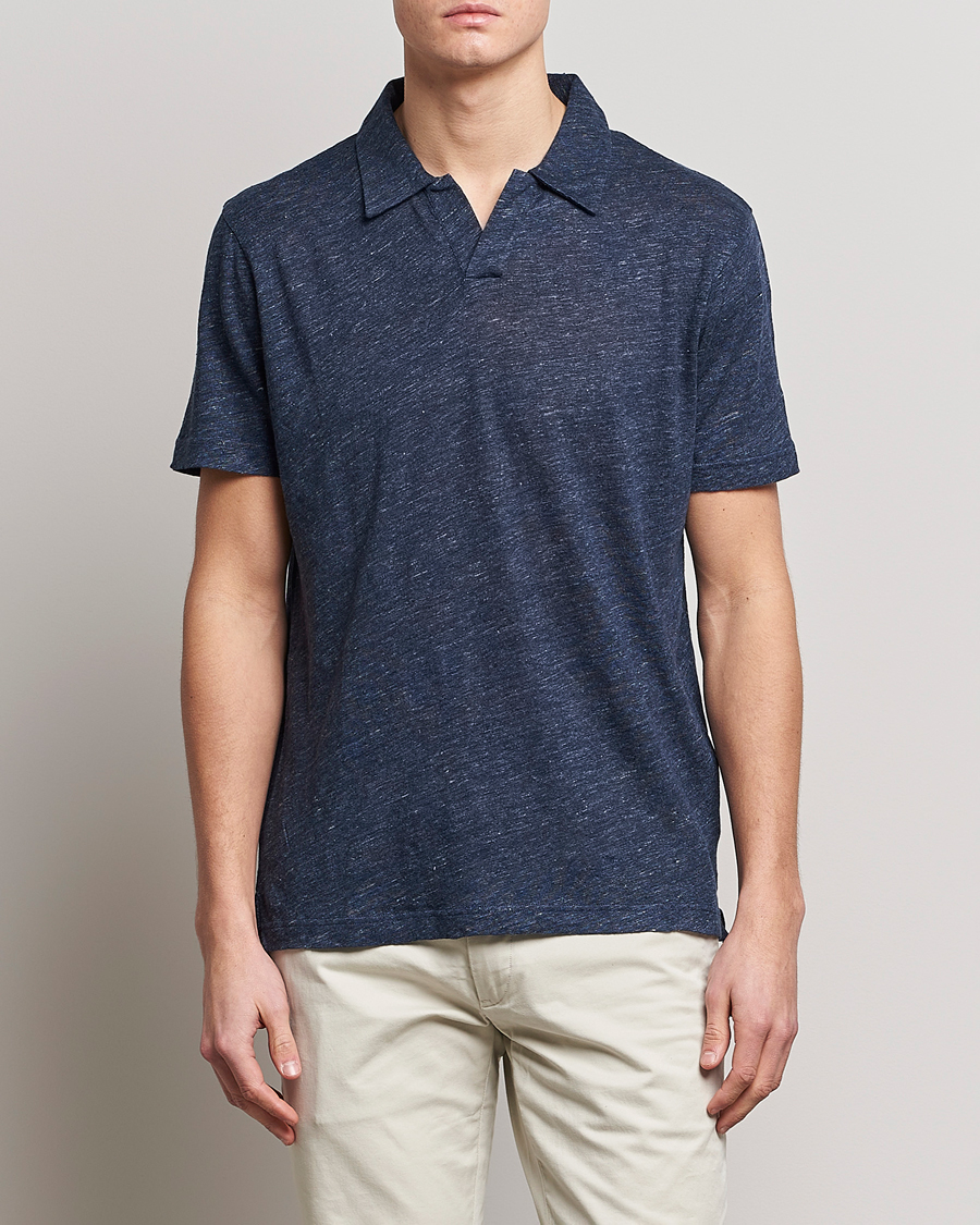 Men | Sunspel | Sunspel | Linen Polo Shirt Navy Melange