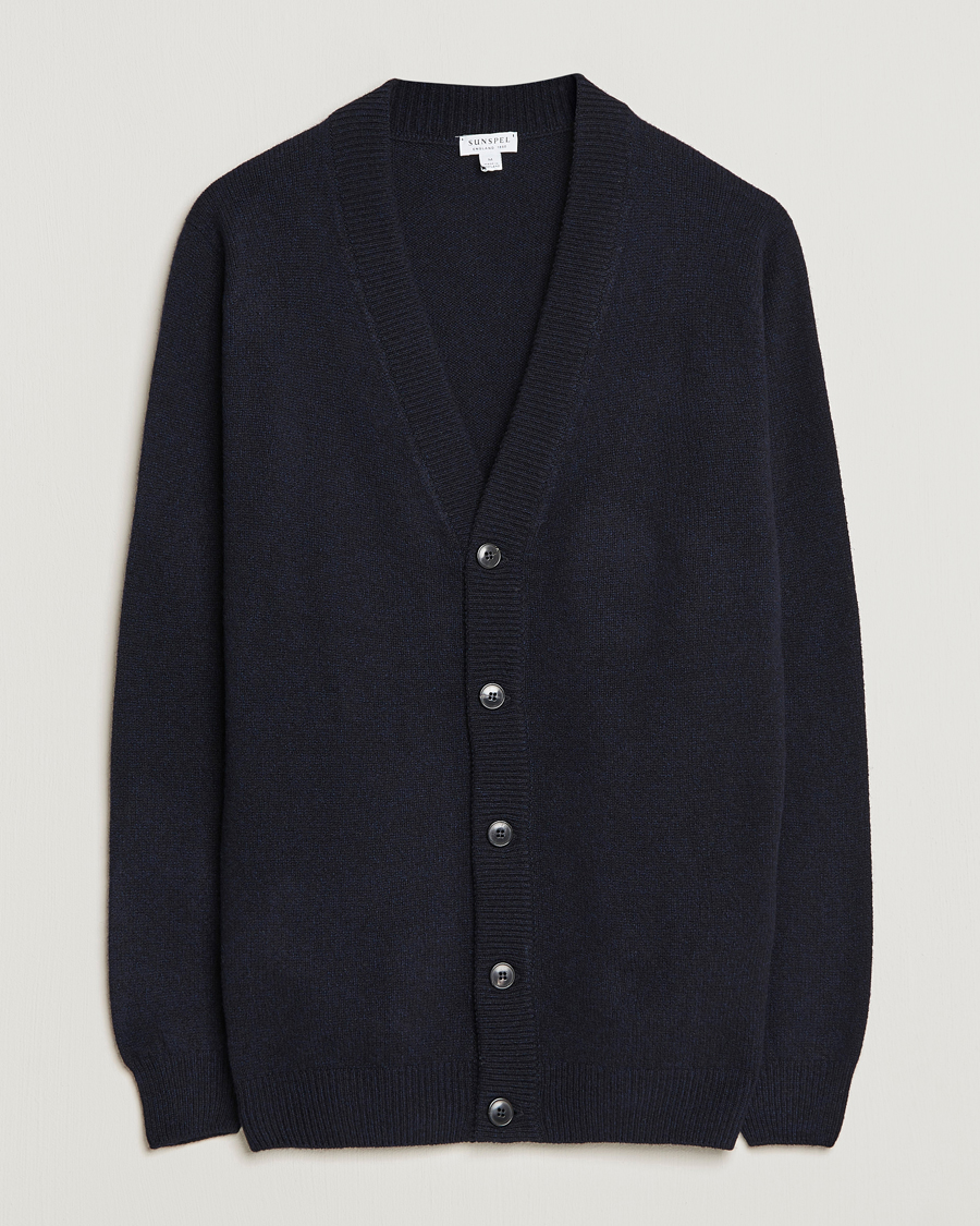 Men | Sweaters & Knitwear | Sunspel | Lambswool Cardigan Dark Navy Mouline
