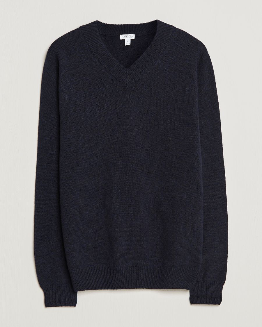 Men | Sweaters & Knitwear | Sunspel | Lambswool V-Neck Dark Navy Mouline