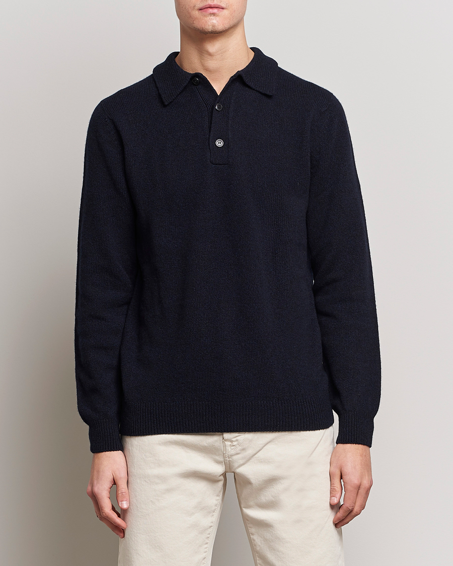 Men | Knitted Polo Shirts | Sunspel | Lambswool Poloshirt Dark Navy Mouline
