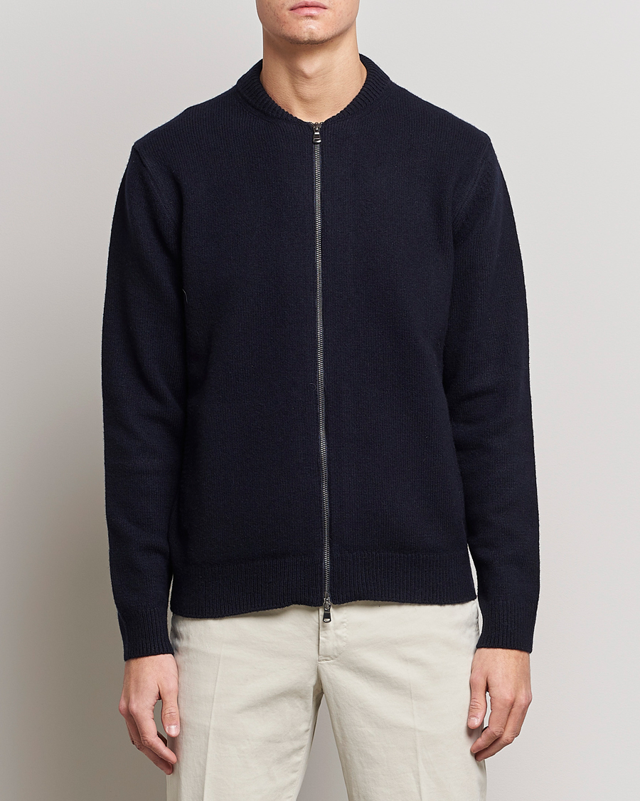 Men | Coats & Jackets | Sunspel | Knitted Lambswool/Cashmere Bomber Jacket Navy