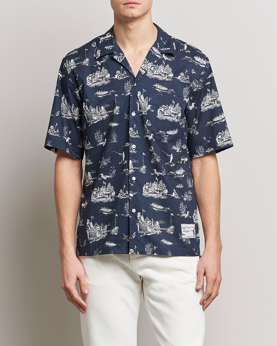Men | Shirts | Woolrich | Zavikon Printed Short Sleeve Resort Shirt Melton Blue