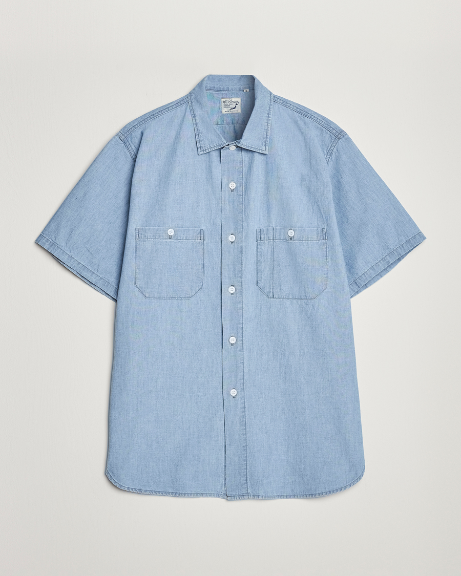 Men | Shirts | orSlow | Chambray Short Sleeve Work Shirt Light Blue