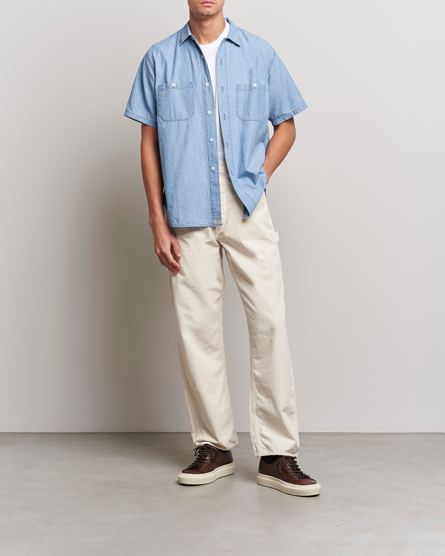 Men | Shirts | orSlow | Chambray Short Sleeve Work Shirt Light Blue