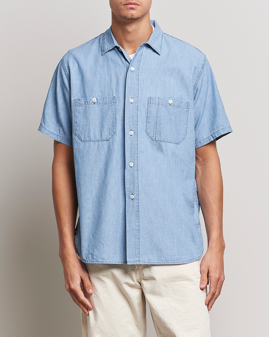 Men | Shirts | orSlow | Chambray Short Sleeve Work Shirt Light Blue
