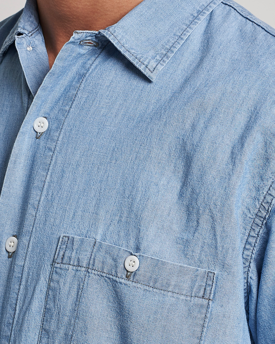 Men | Shirts | orSlow | Chambray Short Sleeve Work Shirt Light Blue