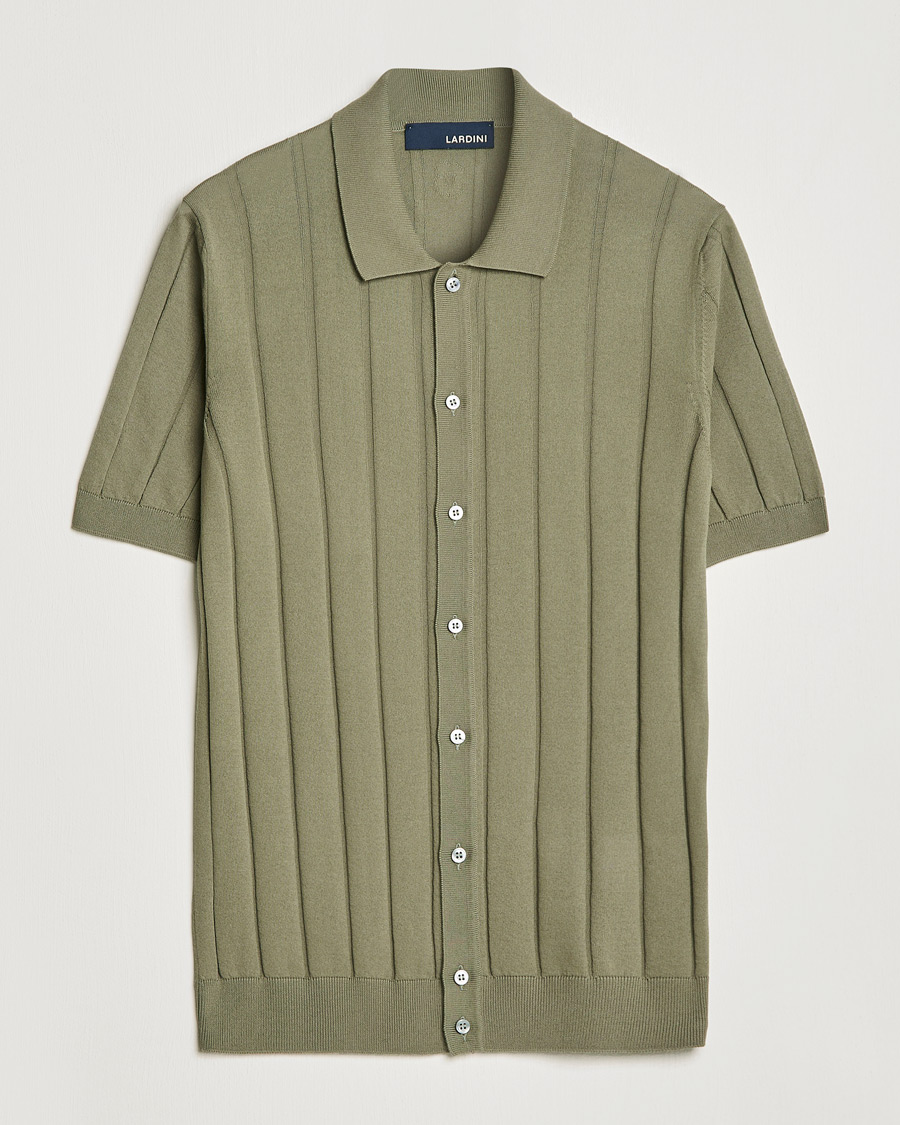 Men | Shirts | Lardini | Short Sleeve Knitted Cotton Crèpe Shirt Olive