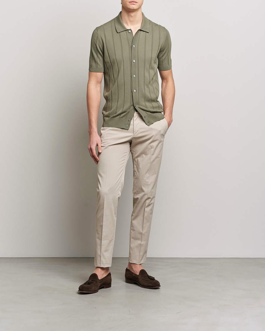 Men | Shirts | Lardini | Short Sleeve Knitted Cotton Crèpe Shirt Olive