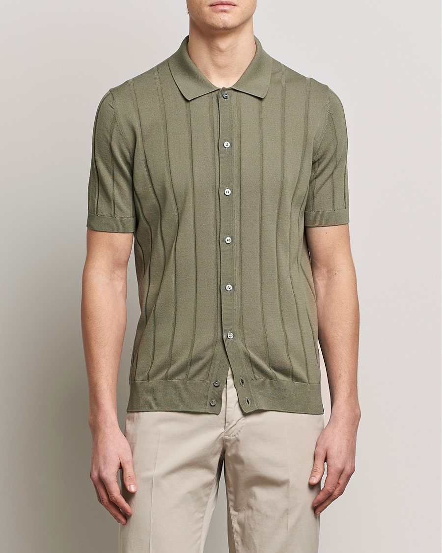 Men |  | Lardini | Short Sleeve Knitted Cotton Crèpe Shirt Olive