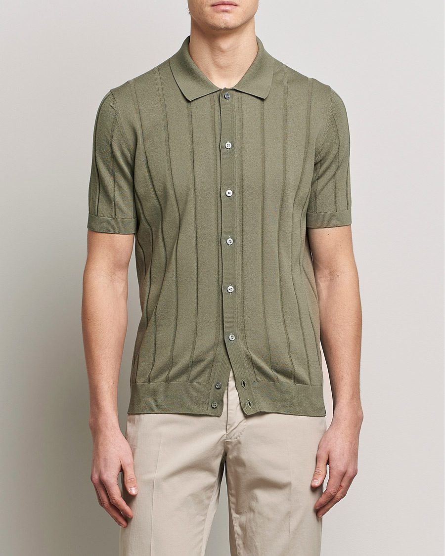Men | Shirts | Lardini | Short Sleeve Knitted Cotton Crèpe Shirt Olive