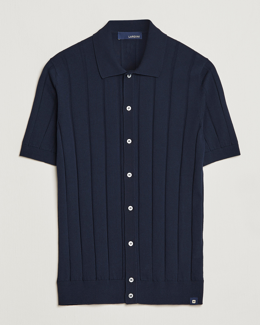 Men | Shirts | Lardini | Short Sleeve Knitted Cotton Crèpe Shirt Navy