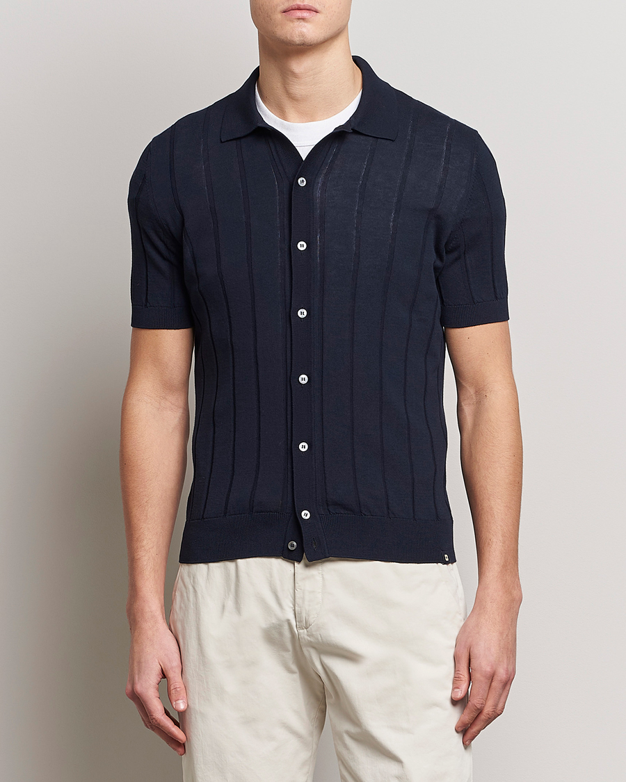 Men | Shirts | Lardini | Short Sleeve Knitted Cotton Crèpe Shirt Navy