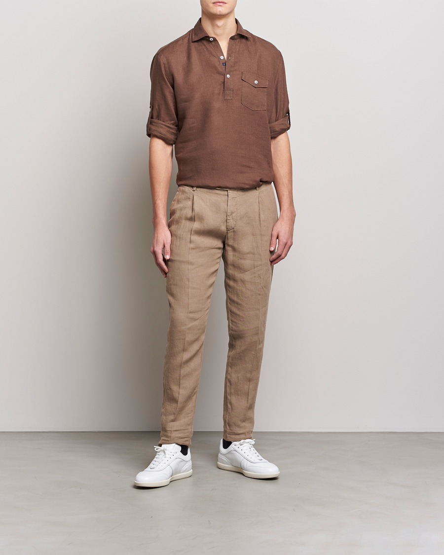 Men | Shirts | Lardini | Relaxed Linen Popover Shirt Brown
