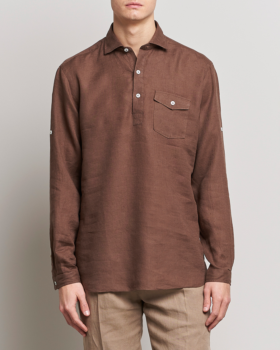 Men | Linen Shirts | Lardini | Relaxed Linen Popover Shirt Brown