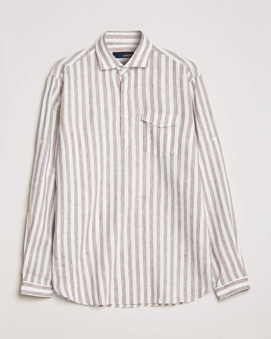 Men | Shirts | Lardini | Relaxed Striped Linen Popover Shirt Brown/White
