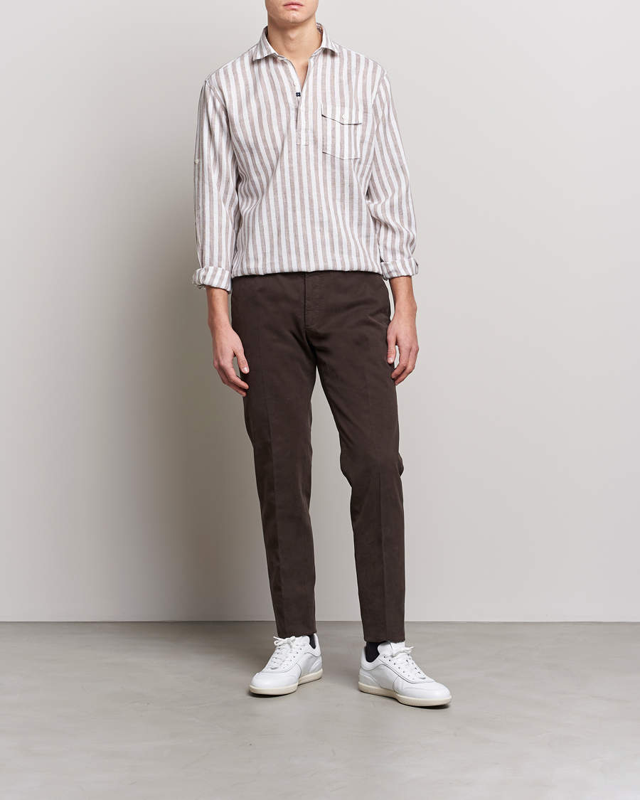 Men | Shirts | Lardini | Relaxed Striped Linen Popover Shirt Brown/White