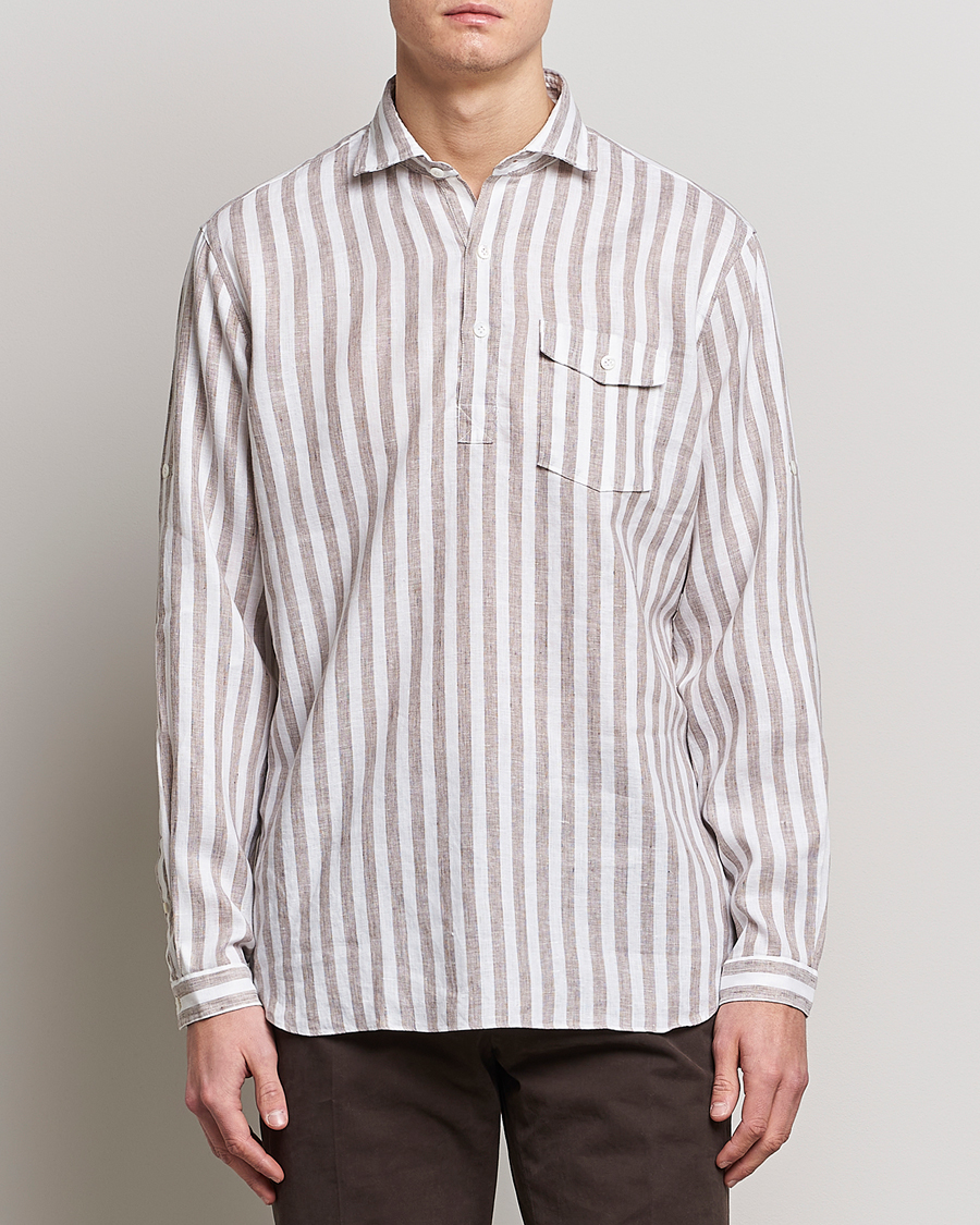 Men | The Linen Closet | Lardini | Relaxed Striped Linen Popover Shirt Brown/White