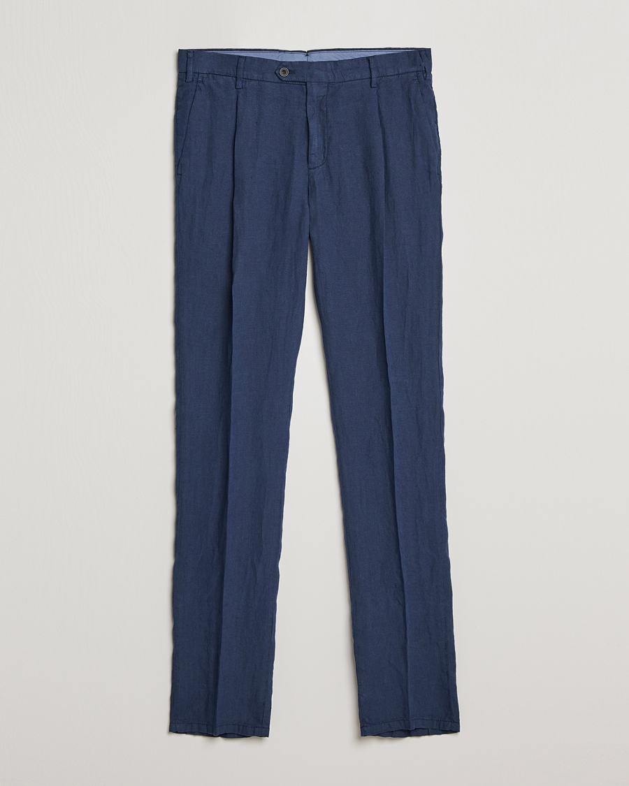 Men | Trousers | Lardini | Pleated Linen Trousers Navy