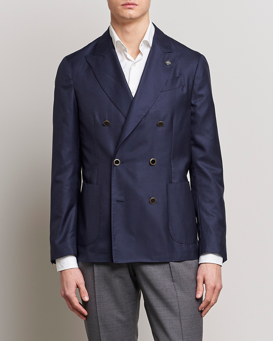 Men | Wool Blazers | Lardini | Soft Double Breasted Cashmere/Silk Blazer Navy