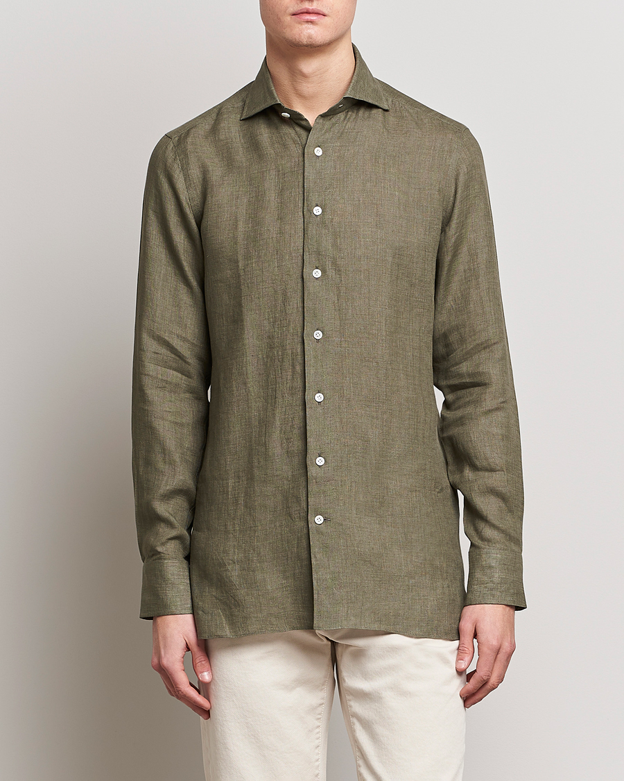 Men | Luxury Brands | 100Hands | Signature Linen Cut Away Shirt Green