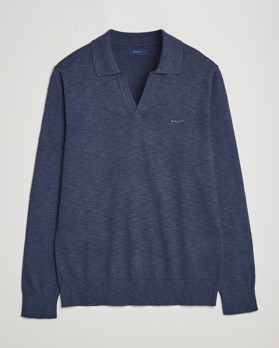 Men | Sweaters & Knitwear | GANT | Cotton/Linen Knitted Polo Deep Ocean