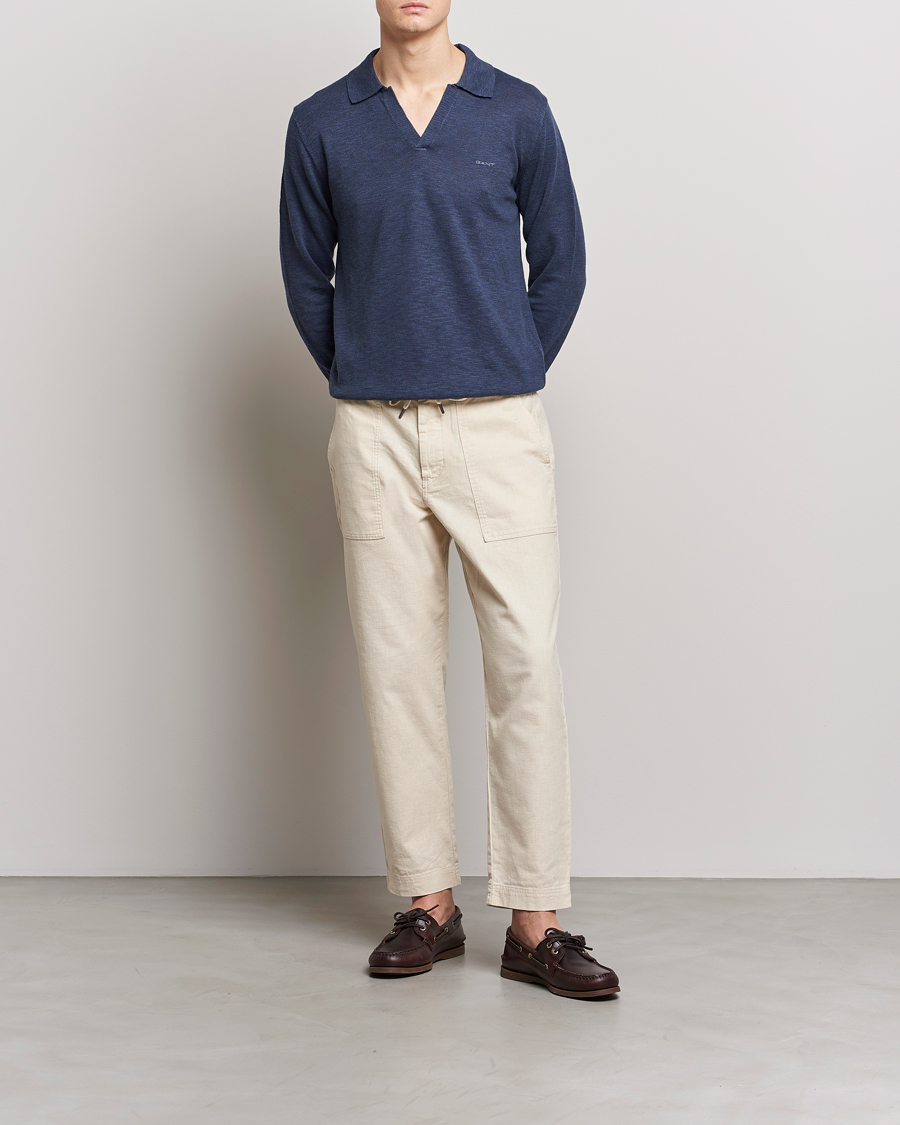 Men | Sweaters & Knitwear | GANT | Cotton/Linen Knitted Polo Deep Ocean