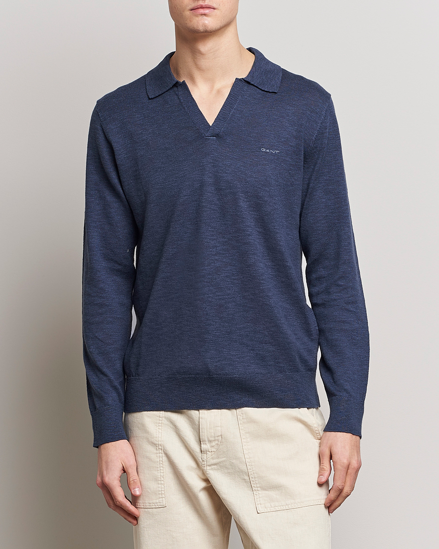 Men | Knitted Polo Shirts | GANT | Cotton/Linen Knitted Polo Deep Ocean