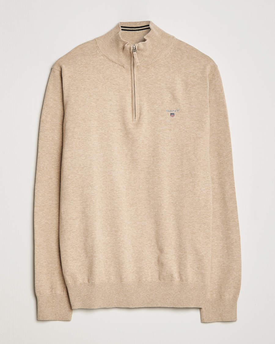 Men | Sweaters & Knitwear | GANT | Classic Cotton Half-Zip Sweater Sand Melange