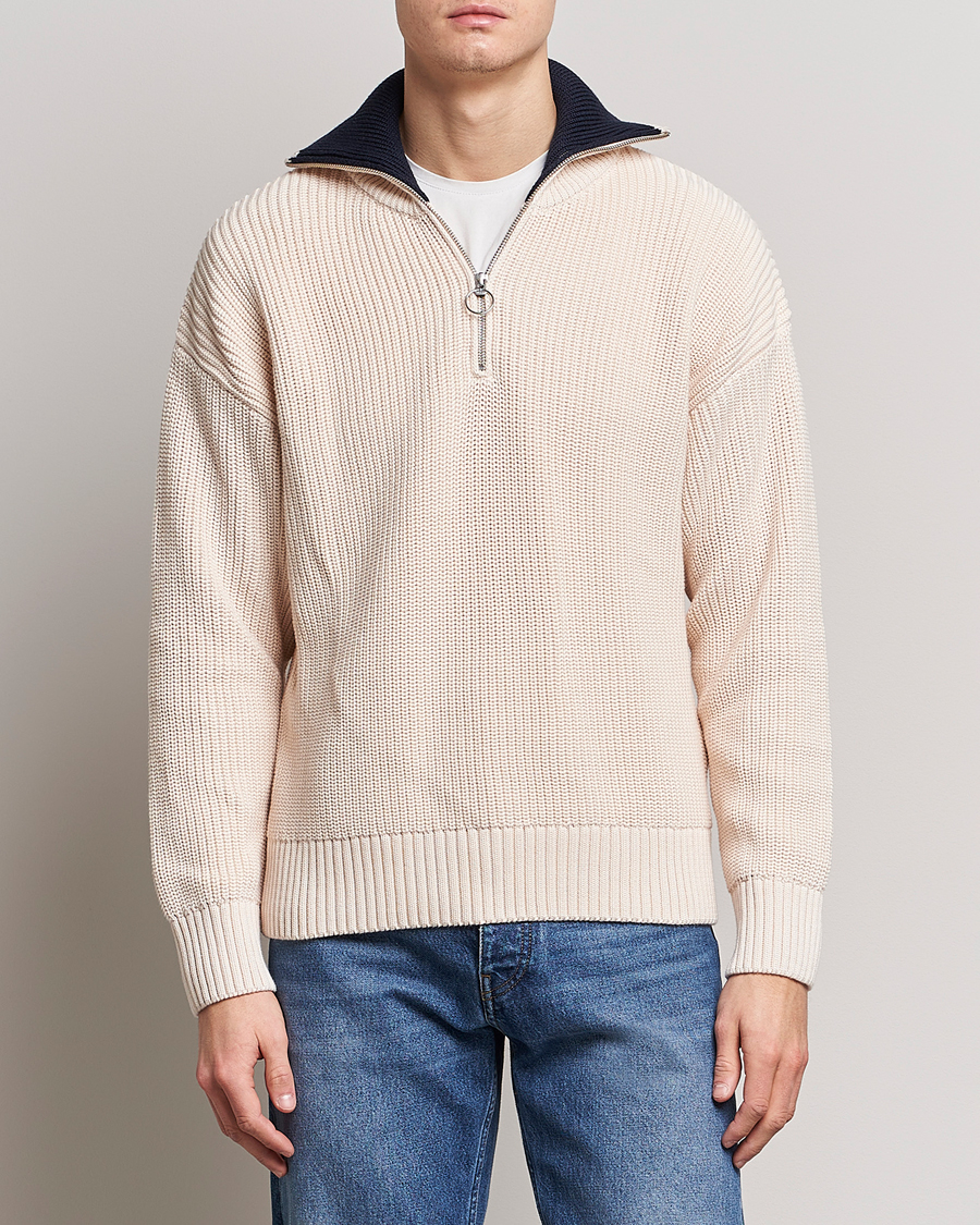 Men | Sweaters & Knitwear | GANT | Chunky Ribbed Knitted Half-Zip Linen White