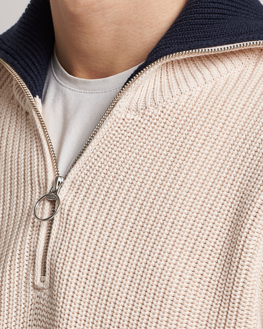 Men | Sweaters & Knitwear | GANT | Chunky Ribbed Knitted Half-Zip Linen White