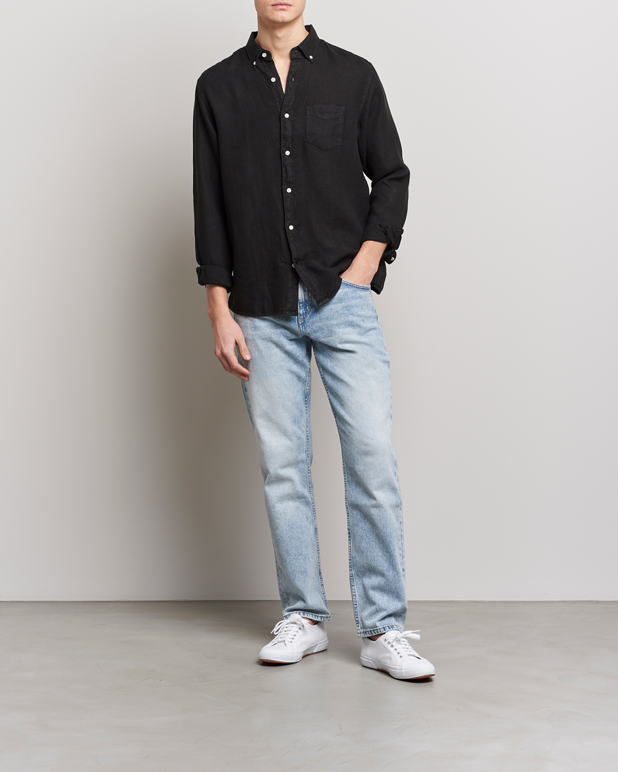Men | Shirts | GANT | Regular Fit Garment Dyed Linen Shirt Black