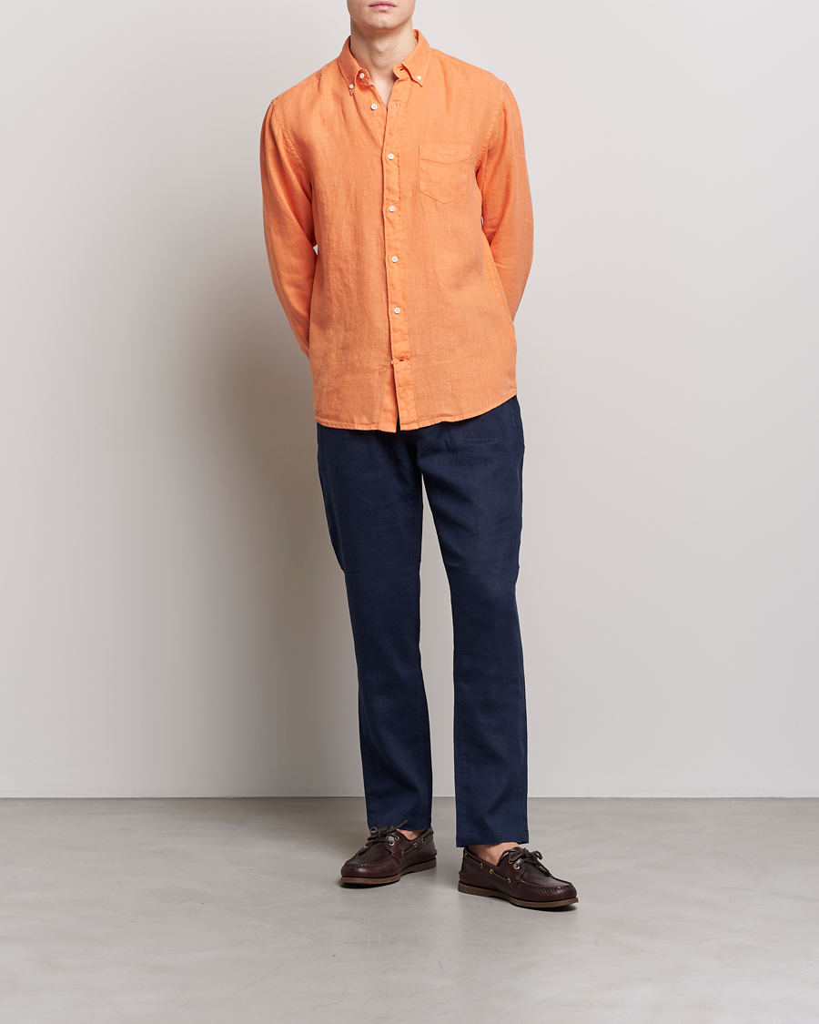 Men | Shirts | GANT | Regular Fit Garment Dyed Linen Shirt Apricot Orange