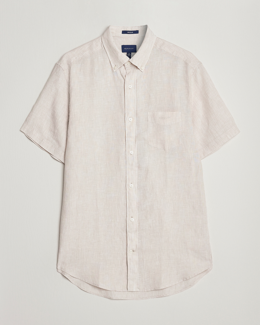 Men | Shirts | GANT | Regular Fit Striped Linen Short Sleeve Shirt Dry Sand
