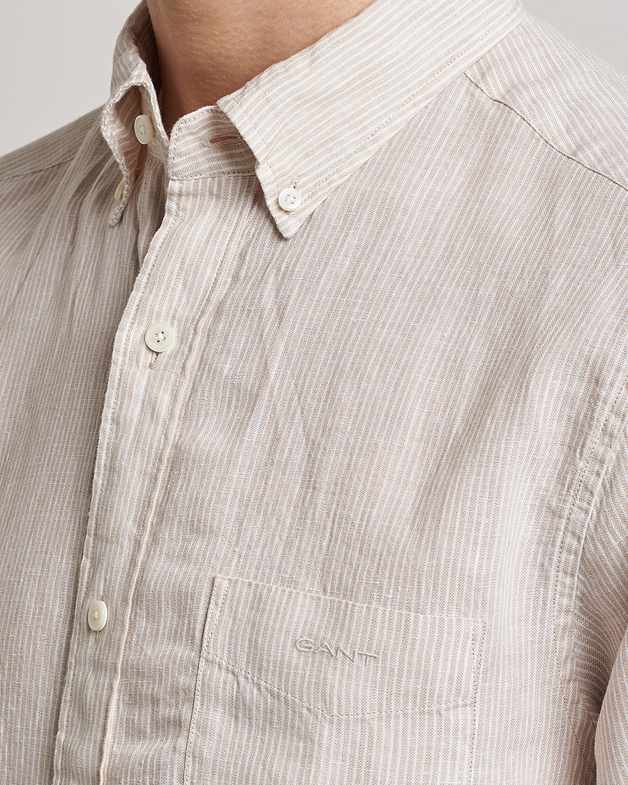 Men | Shirts | GANT | Regular Fit Striped Linen Short Sleeve Shirt Dry Sand
