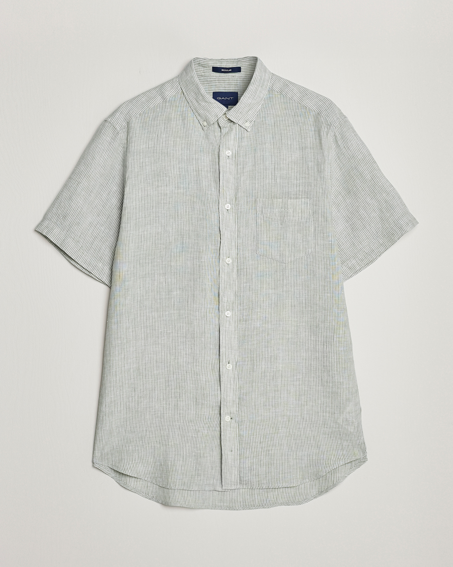 Men | Shirts | GANT | Regular Fit Striped Linen Short Sleeve Shirt Calamata Green