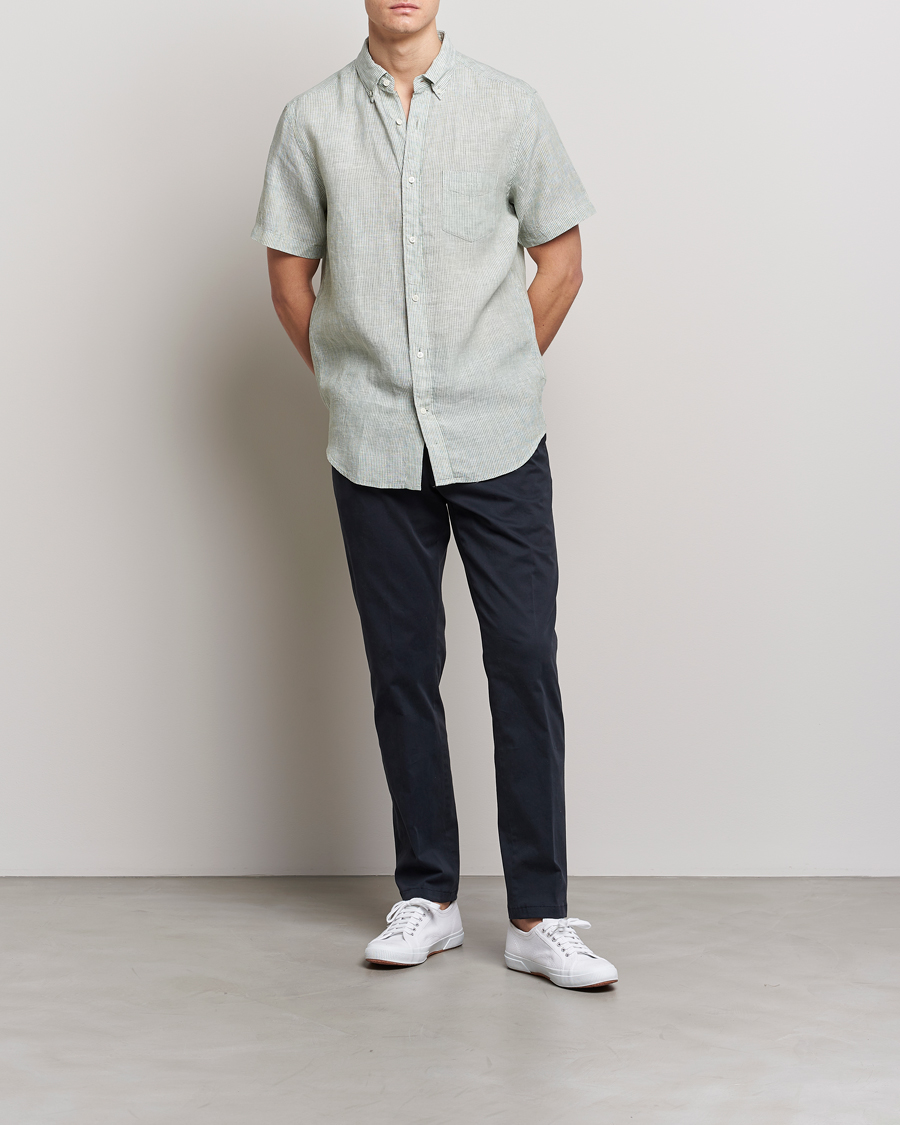 Men | Shirts | GANT | Regular Fit Striped Linen Short Sleeve Shirt Calamata Green