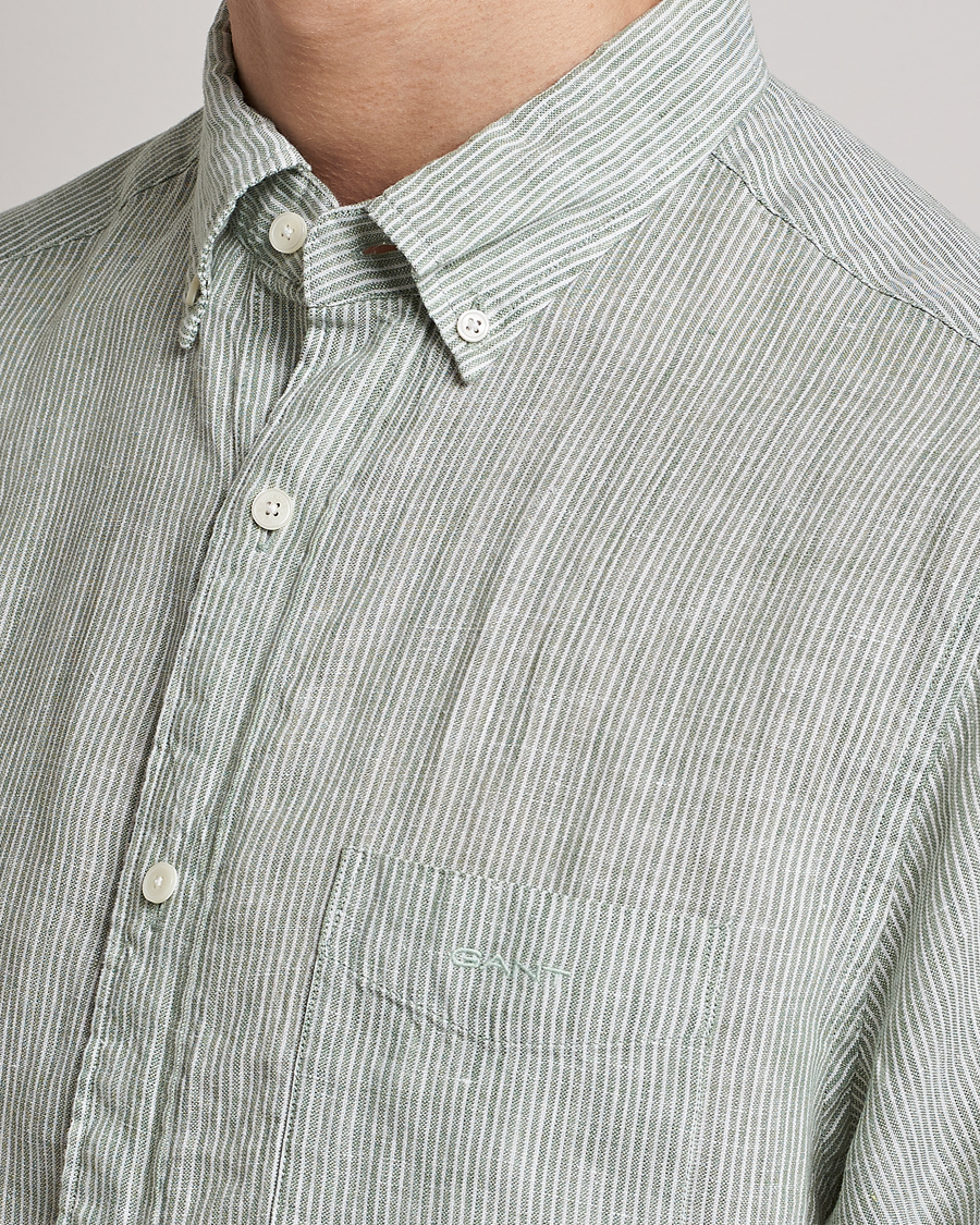 Men | Shirts | GANT | Regular Fit Striped Linen Short Sleeve Shirt Calamata Green