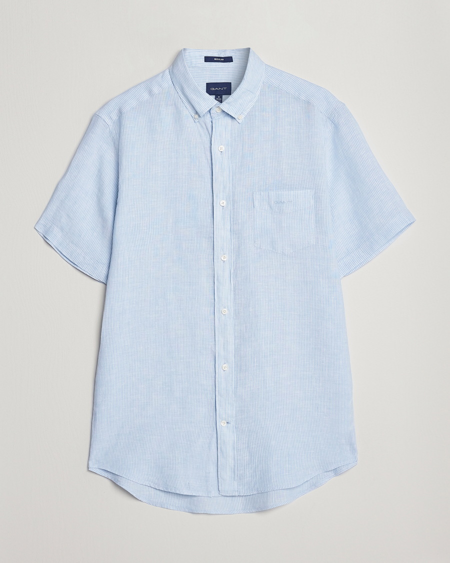 Men | Shirts | GANT | Regular Fit Striped Linen Short Sleeve Shirt Capri Blue