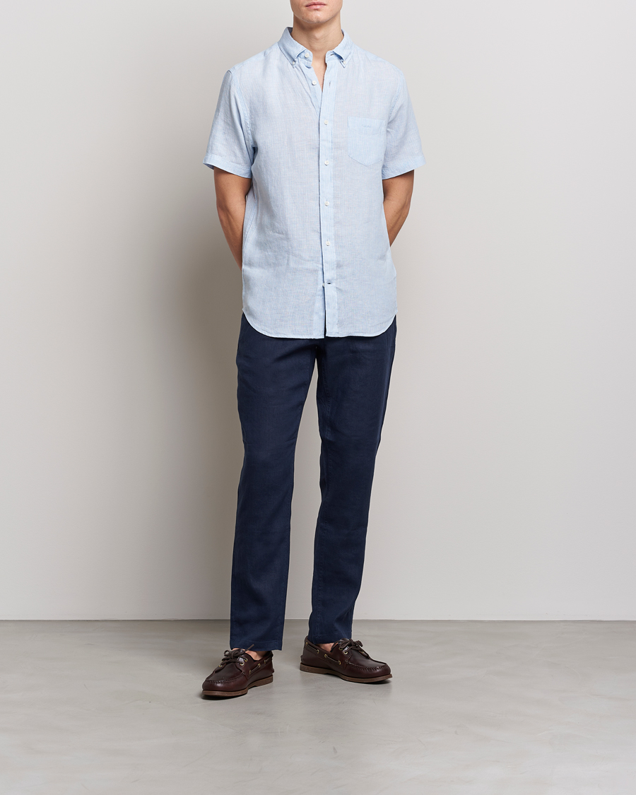Men | Shirts | GANT | Regular Fit Striped Linen Short Sleeve Shirt Capri Blue