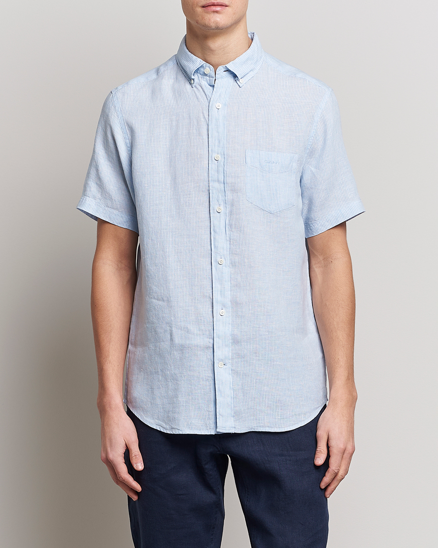 Men | Short Sleeve Shirts | GANT | Regular Fit Striped Linen Short Sleeve Shirt Capri Blue