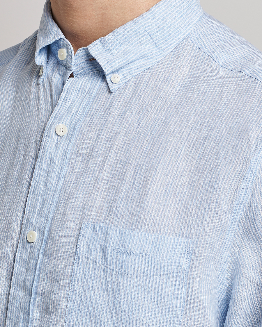 GANT Regular Fit Striped Linen Short Sleeve Shirt Capri Blue at