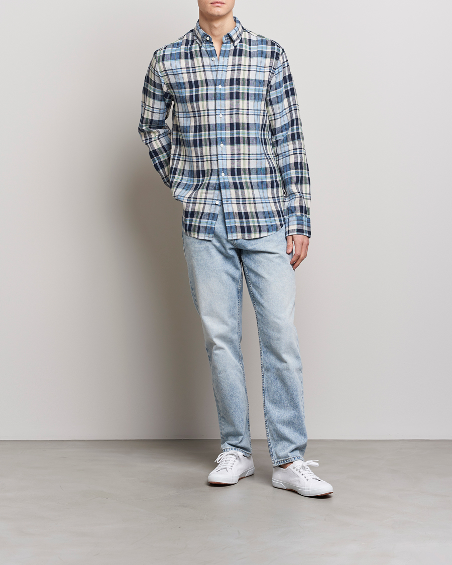 Men | Shirts | GANT | Regular Fit Linen Madras Checked Shirt Marine Multi
