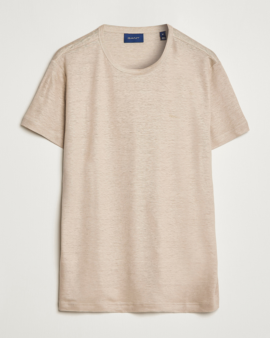 Men | T-Shirts | GANT | Cotton/Linen Crew Neck T-Shirt Khaki Beige
