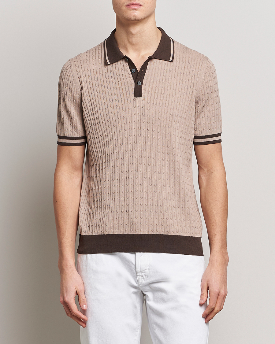 Men | Short Sleeve Polo Shirts | Gran Sasso | Cable Knitted Contrast Polo Beige