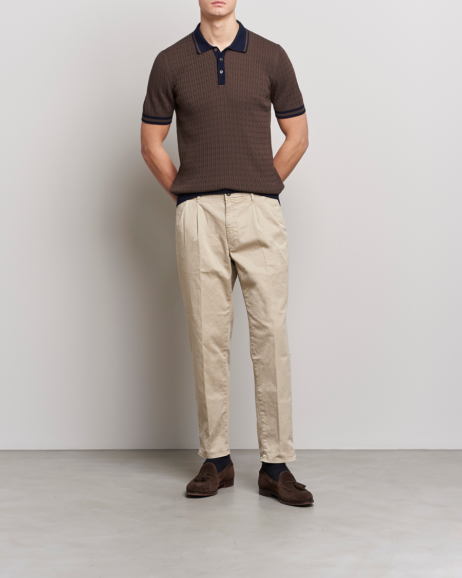 Men | Polo Shirts | Gran Sasso | Cable Knitted Contrast Polo Dark Brown