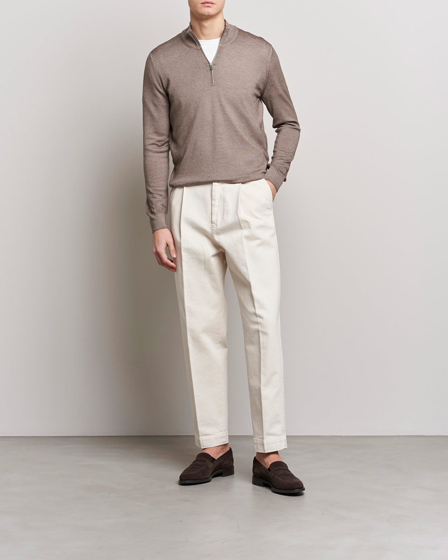 Men | Sweaters & Knitwear | Gran Sasso | Summer Merino Half Zip Sweater Brown Melange