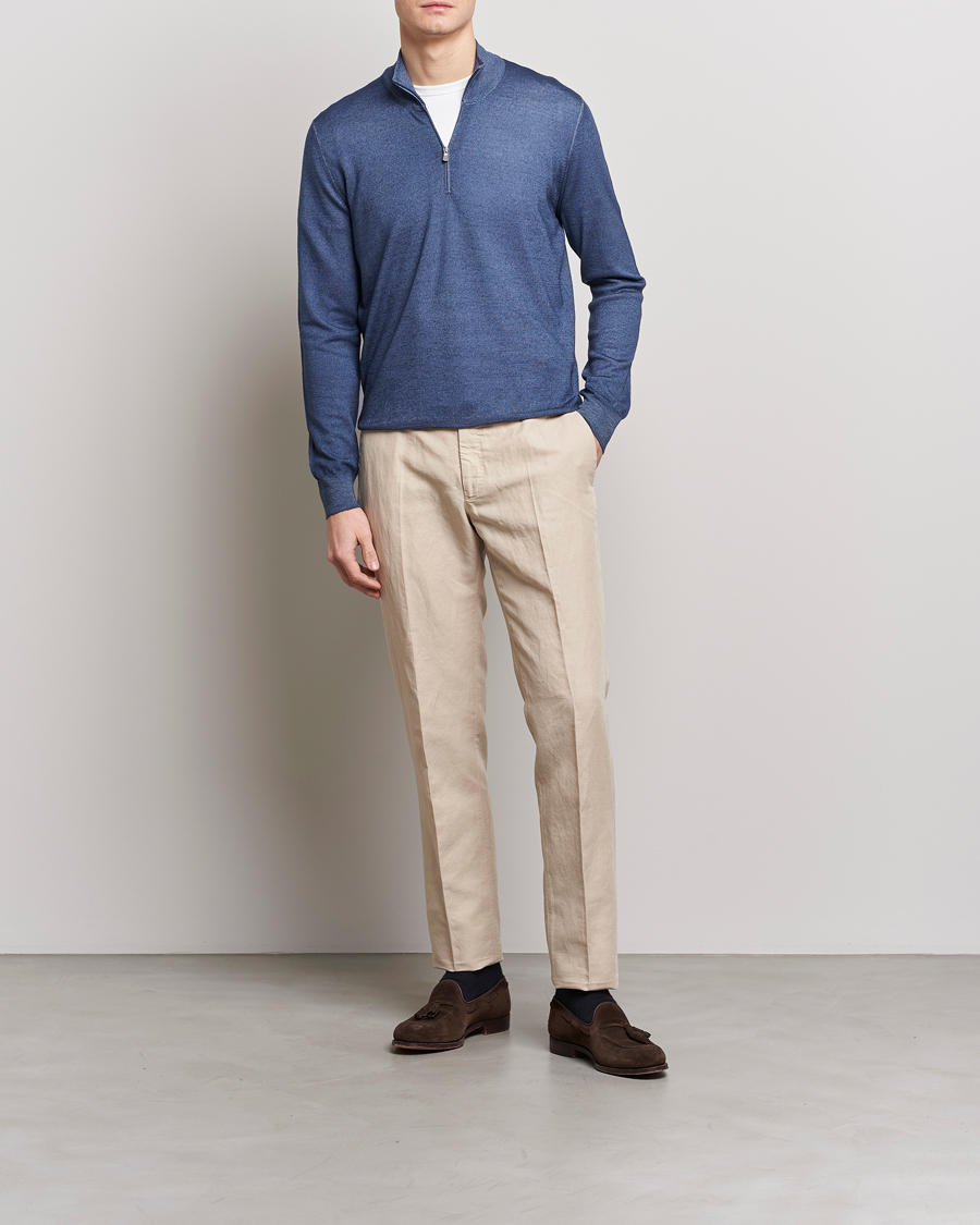 Men | Sweaters & Knitwear | Gran Sasso | Summer Merino Half Zip Sweater Blue Melange