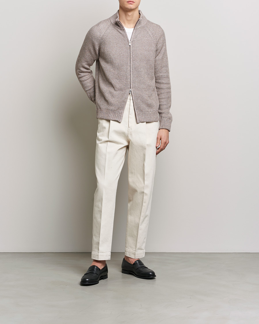 Gran Sasso Structured Cotton/Linen Full Zip Beige Melange at